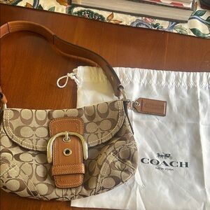 Coach Beige Signature Canvas Shoulder Bag with Tan Leather Trim